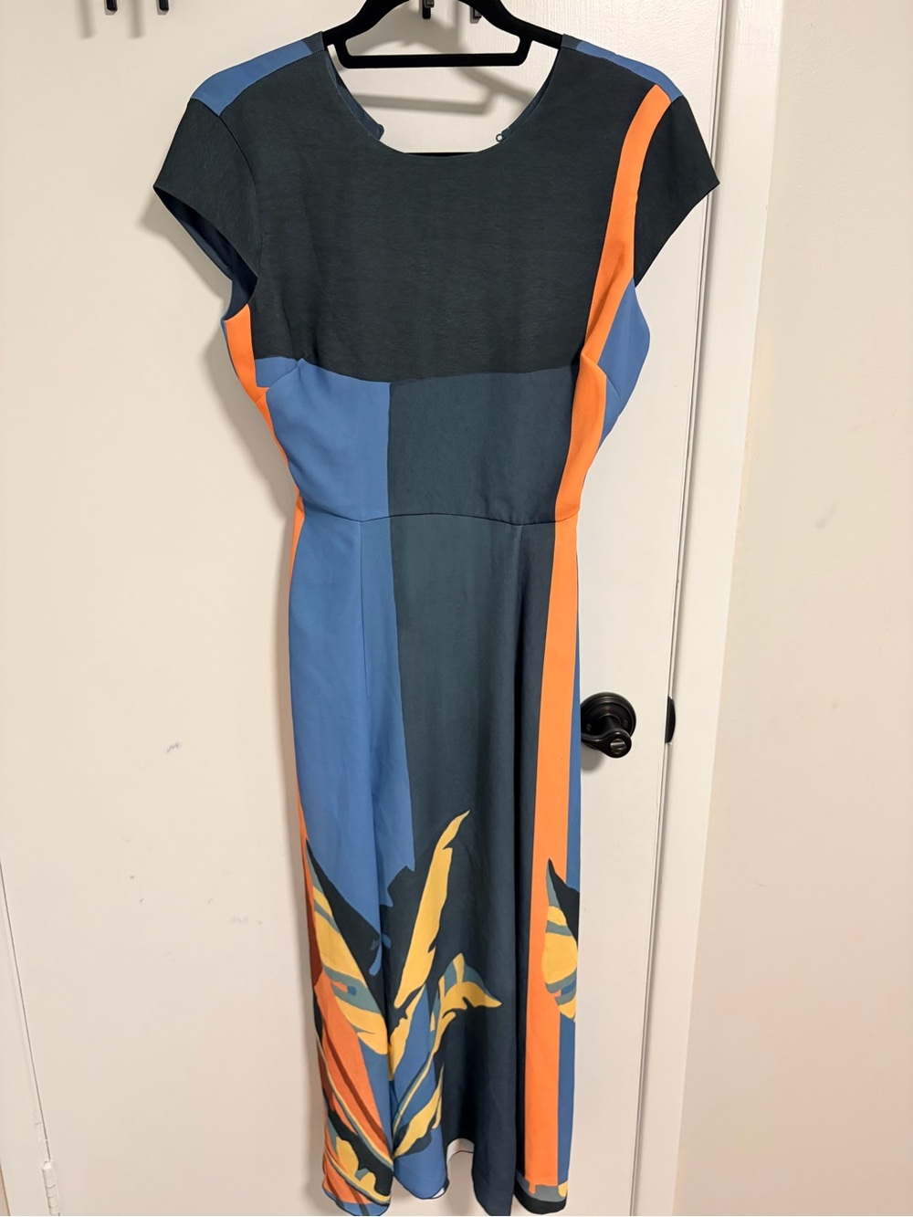 Babaton Slate Blue, Orange & Yellow Colorblock Midi Dress